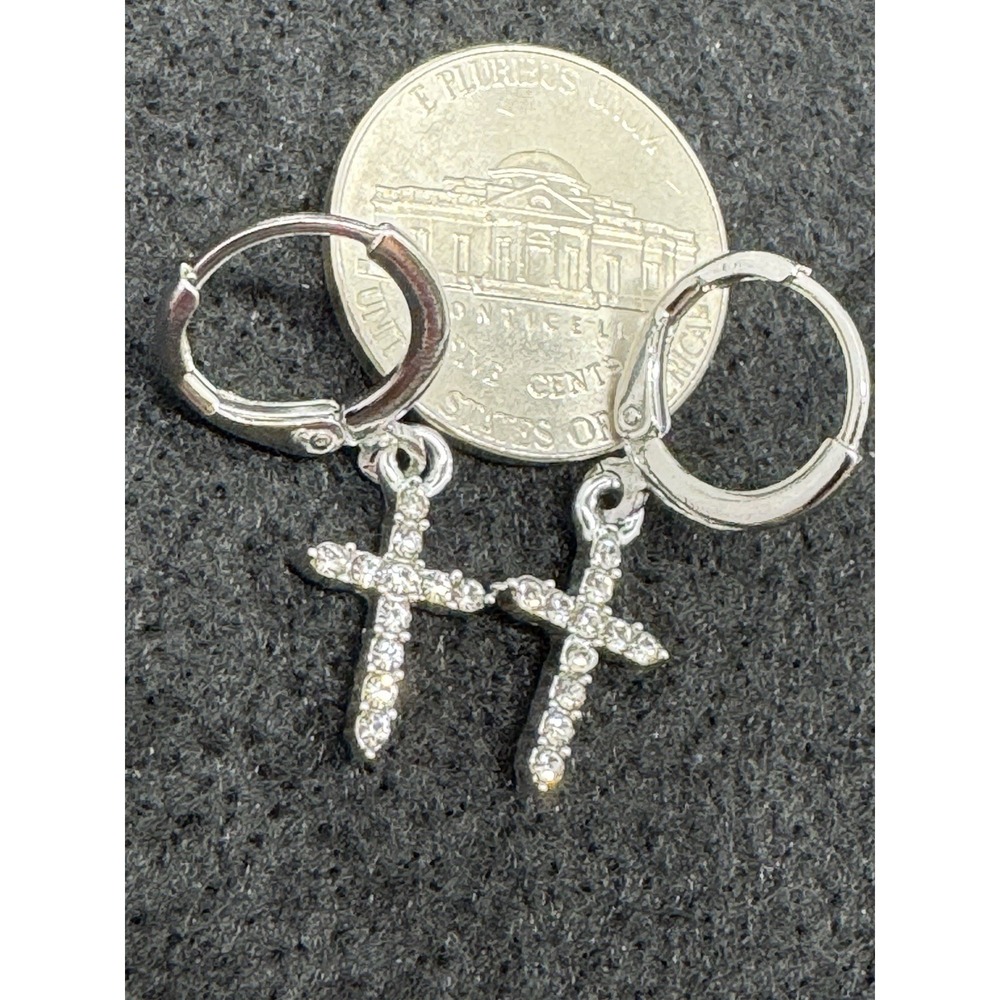Silver Tone Huggie Hoop Earrings Clear Rhinestone Cross Dangle New